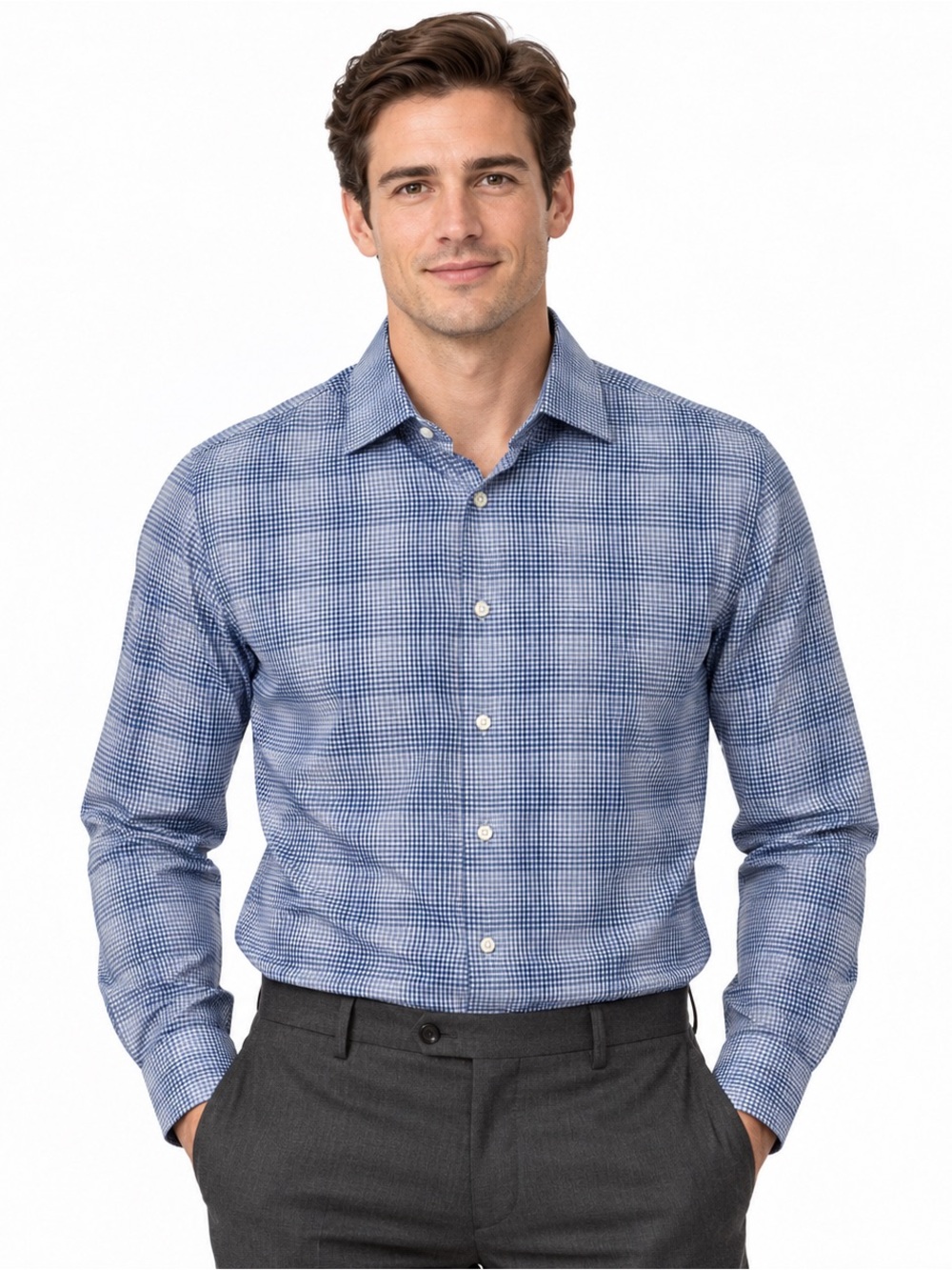 HUGO Hugo Boss Men’s Blue White Plaid Cotton Shirt Size 17 36/37 L XL